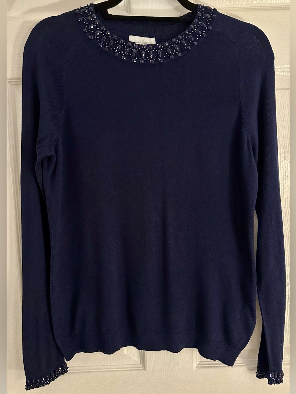 H&M Navy blue sweater with beaded neck and cuff